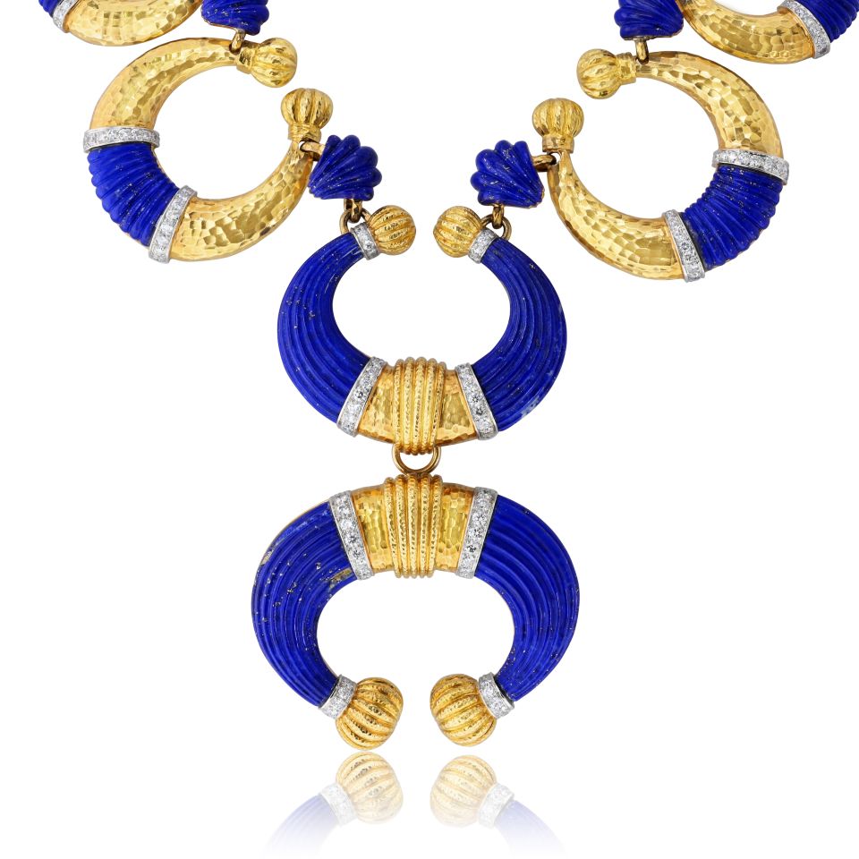 David Webb Crescent Platinum & 18K Yellow Gold Carved Lapis Lazuli Necklace