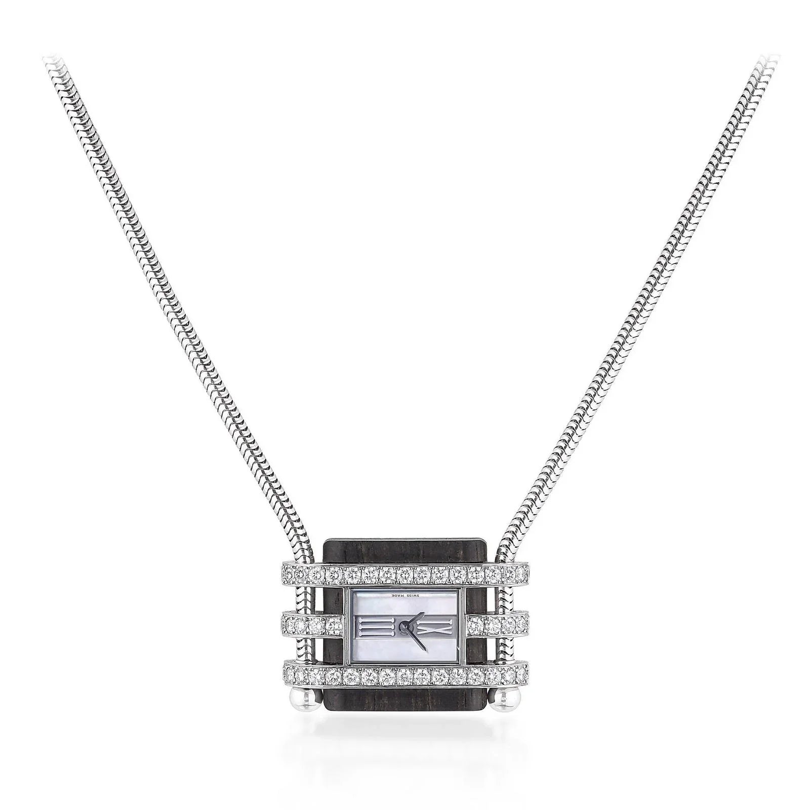 Van Cleef & Arpels 18K White Gold Diamond, Mother-Of-Pearl and Wood Pendant-Watch with Snake Chain Necklace - The Back Vault
