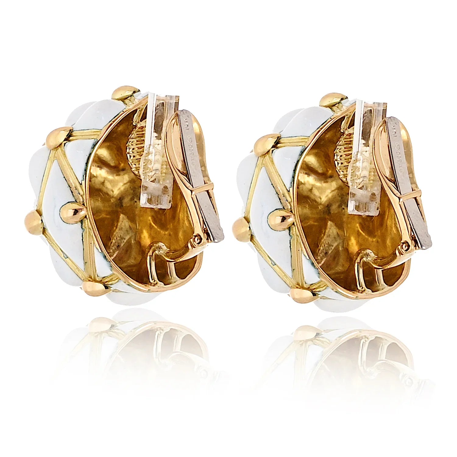 David Webb Platinum & 18K Yellow Gold White Enamel Bombe Dome Geodesic Earrings - The Back Vault