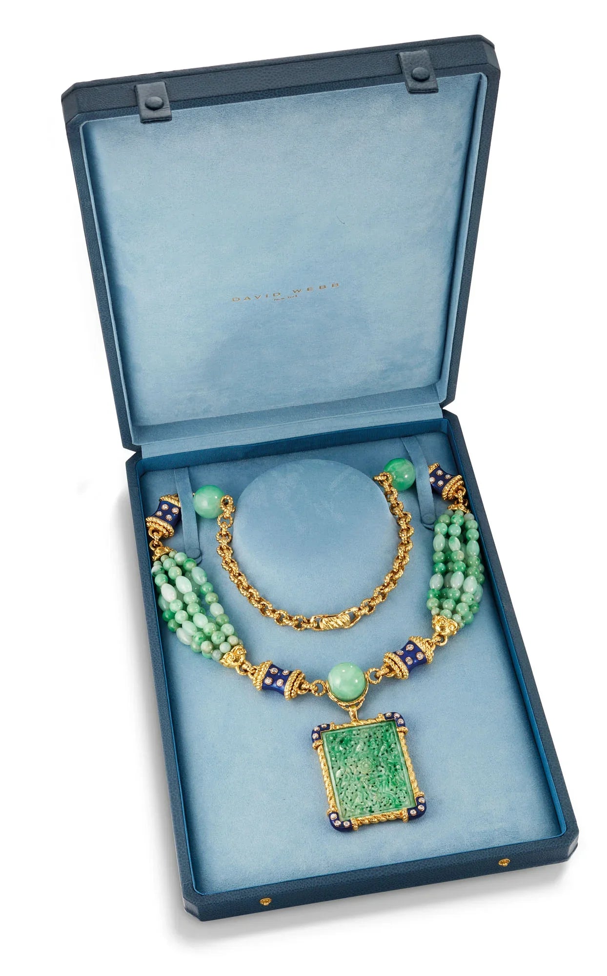 David Webb Platinum & 18K Yellow Gold Jade, Diamond, Blue Enamel Necklace - The Back Vault