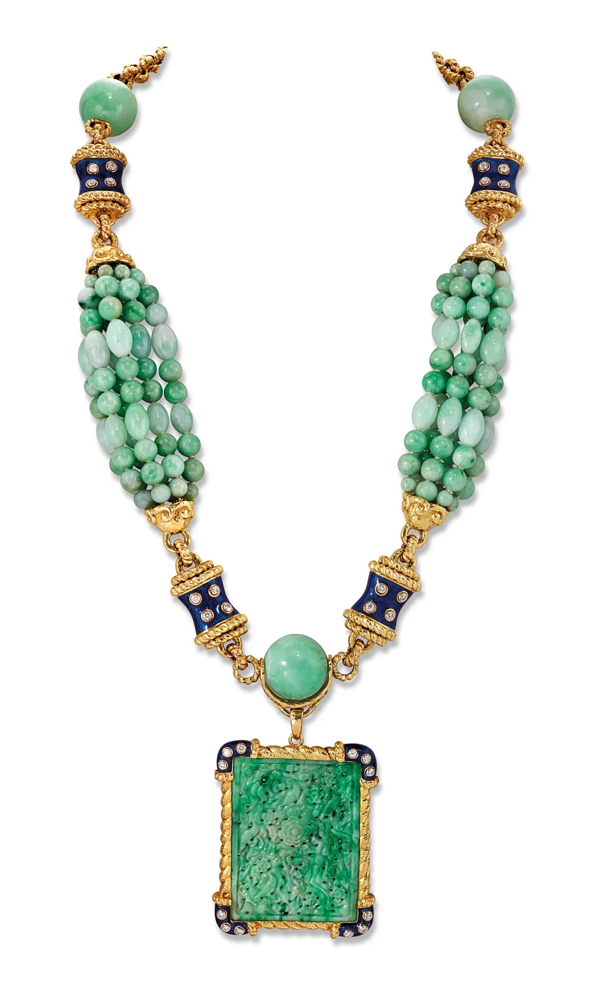 David Webb Platinum & 18K Yellow Gold Jade, Diamond, Blue Enamel Necklace - The Back Vault