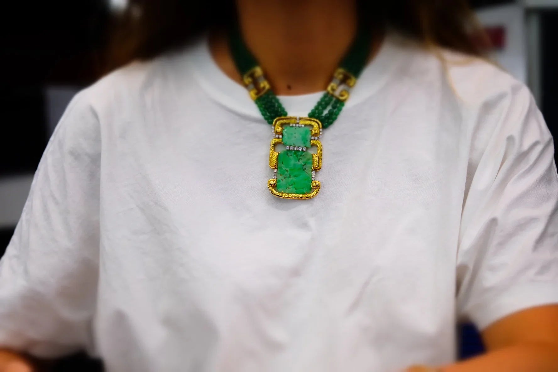 David Webb 18K Yellow Gold Multi Strand Jade Medallion And Diamond Necklace - The Back Vault