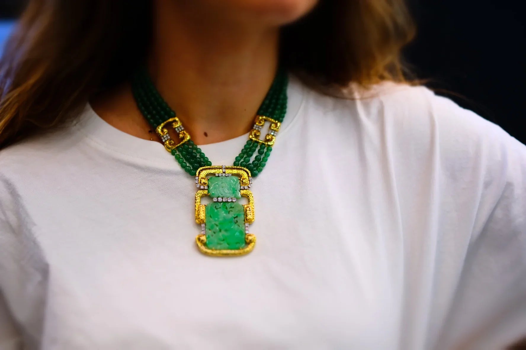 David Webb 18K Yellow Gold Multi Strand Jade Medallion And Diamond Necklace - The Back Vault