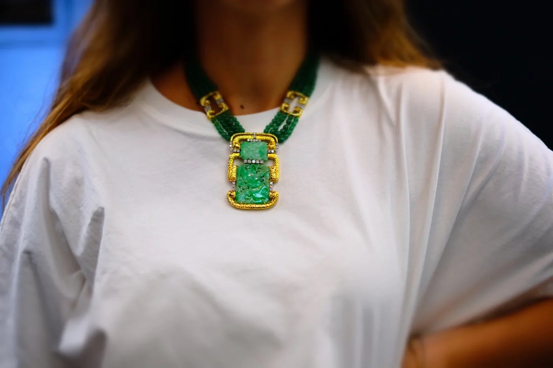 David Webb 18K Yellow Gold Multi Strand Jade Medallion And Diamond Necklace - The Back Vault