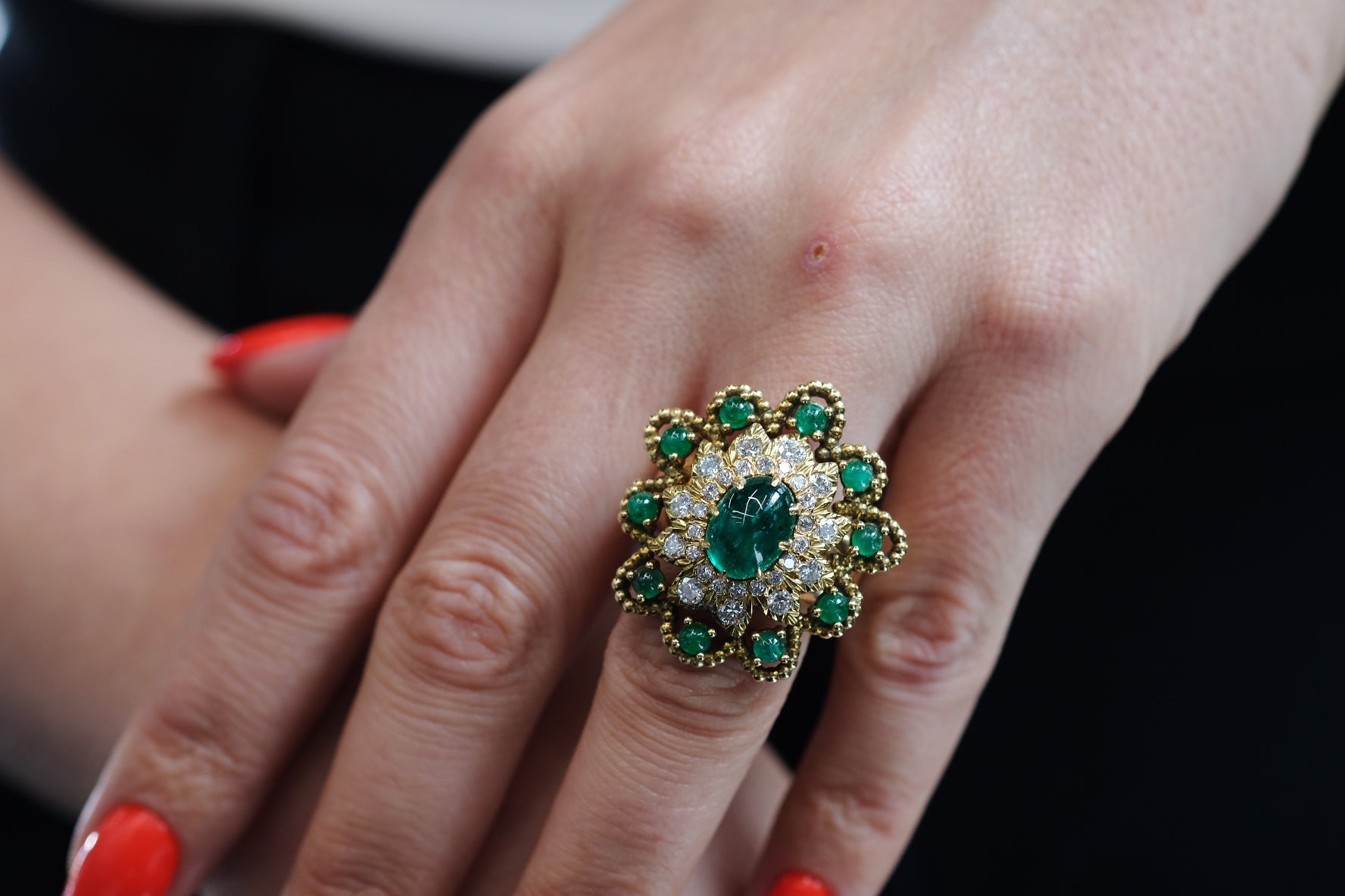 David Webb 18K Yellow Gold Green Emerald Diamond Flower Ring