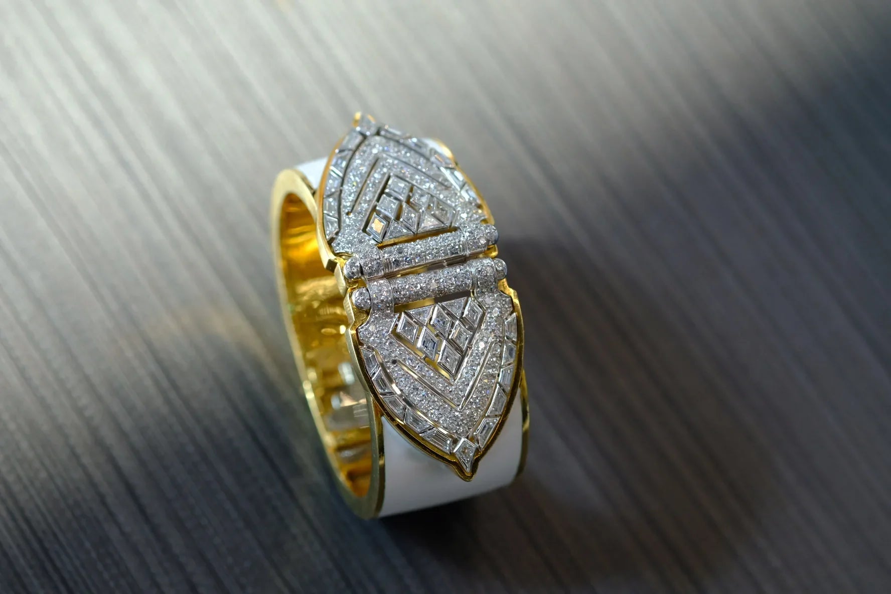 David Webb Platinum & 18K Yellow Gold White Enamel Shield Diamond Clips Cuff Bracelet - The Back Vault