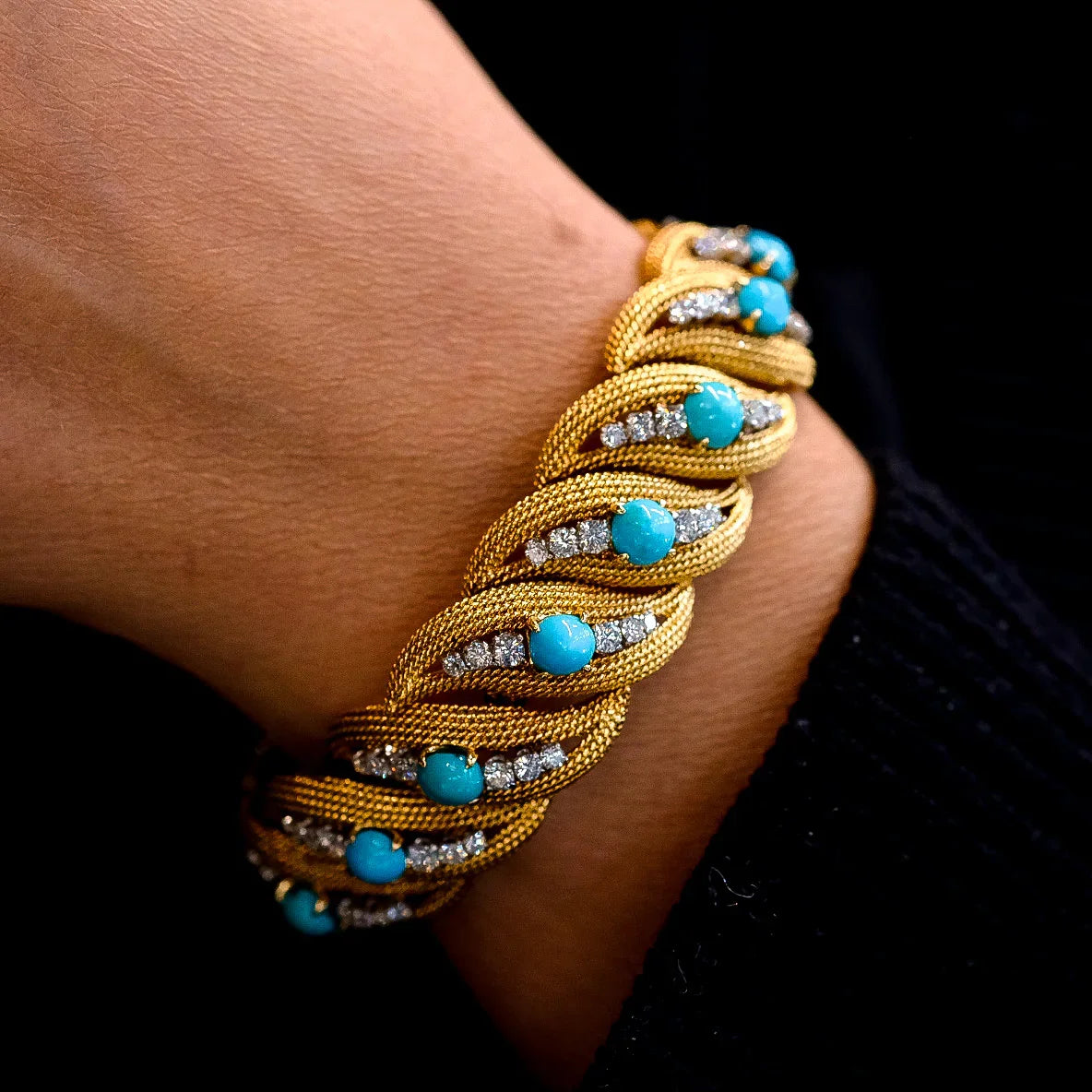 David Webb Platinum & 18K Yellow Gold Turquoise And Diamond Bracelet - The Back Vault