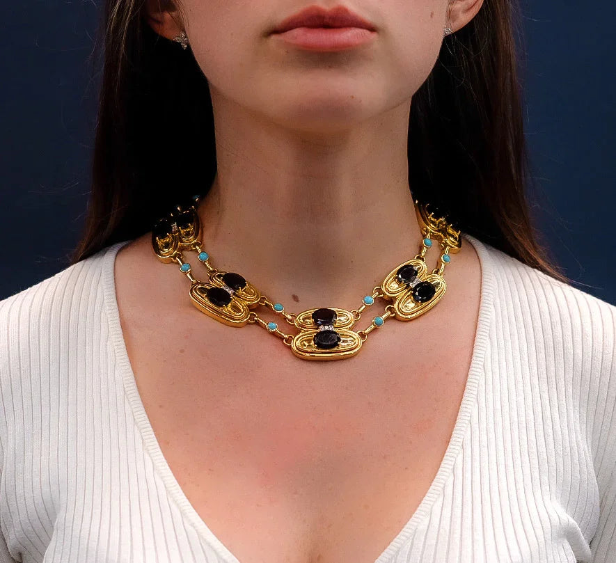 David Webb Platinum & 18K Yellow Gold Garnet, Turquoise & Diamond Necklace - The Back Vault