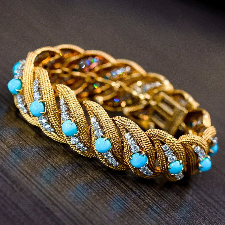David Webb Platinum & 18K Yellow Gold Turquoise And Diamond Bracelet - The Back Vault