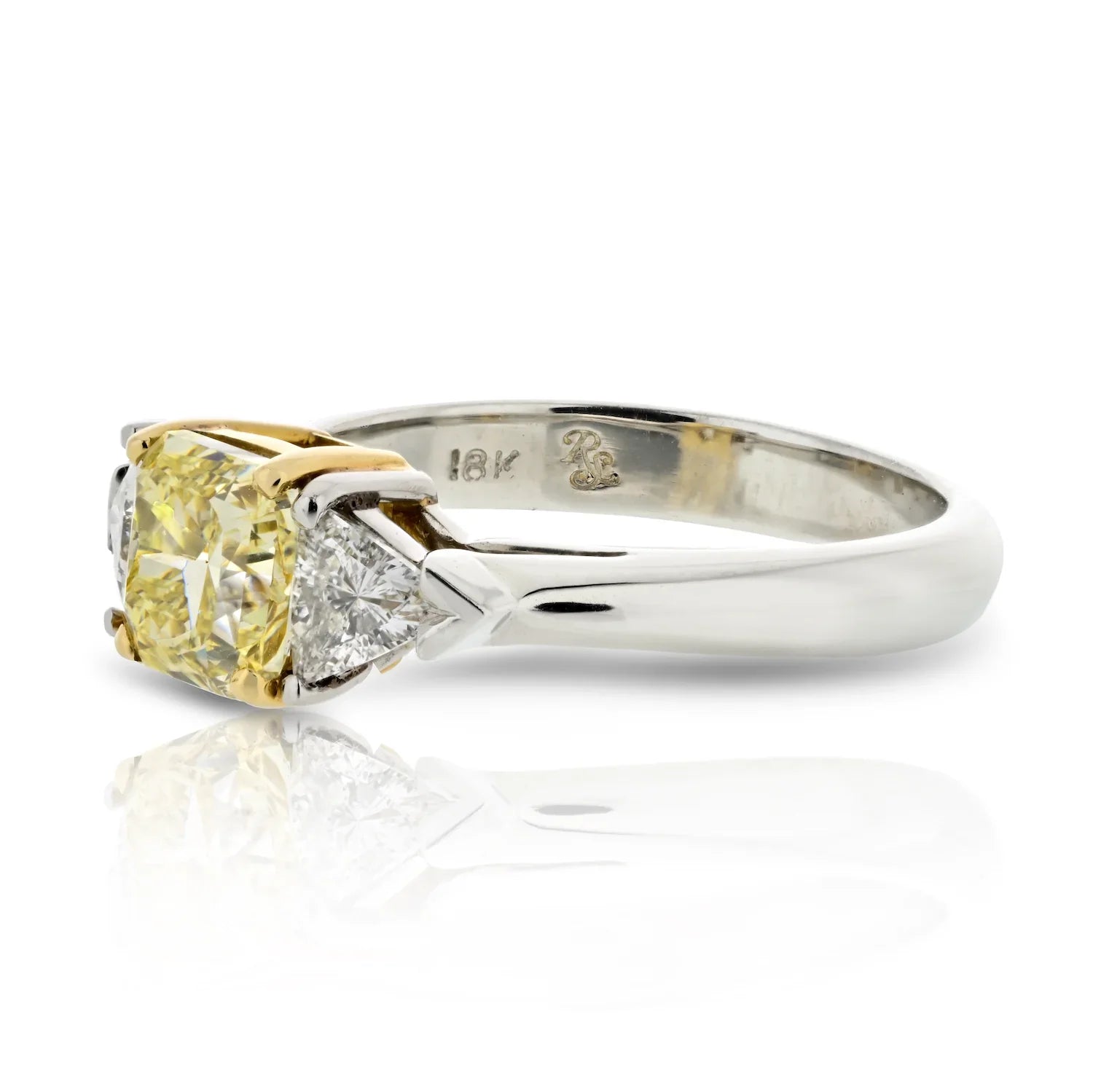 1.27 carat Radiant Cut Fancy Yellow Trilliant Cut Three Stone Diamond Engagement Ring - The Back Vault