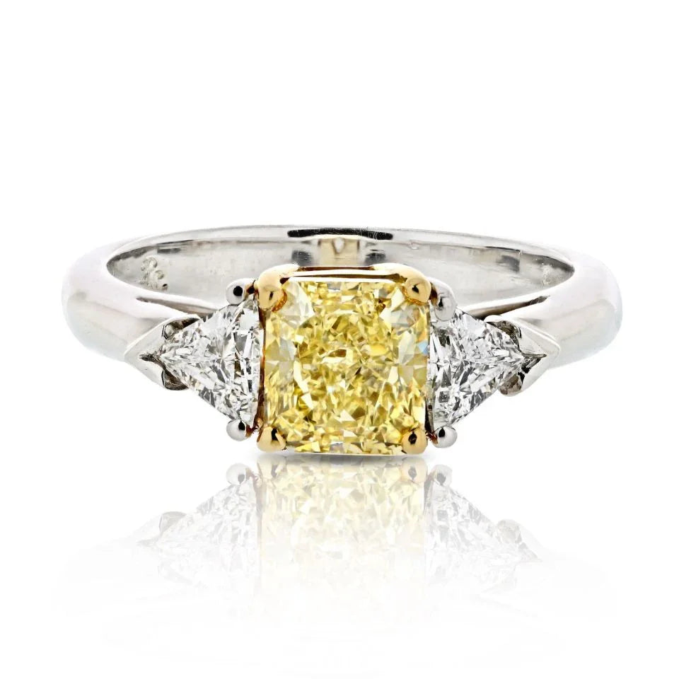 1.27 carat Radiant Cut Fancy Yellow Trilliant Cut Three Stone Diamond Engagement Ring - The Back Vault