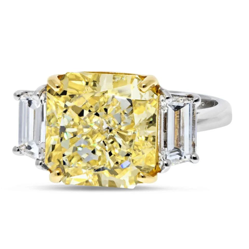 Platinum & 18K Yellow Gold 7.13 Carat Radiant Cut Three Stone Diamond Ring - The Back Vault