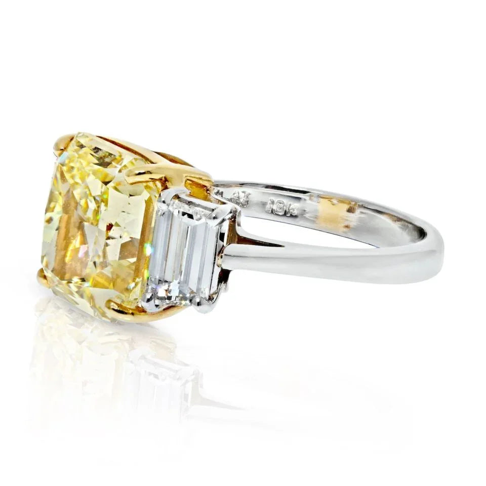 Platinum & 18K Yellow Gold 7.13 Carat Radiant Cut Three Stone Diamond Ring - The Back Vault