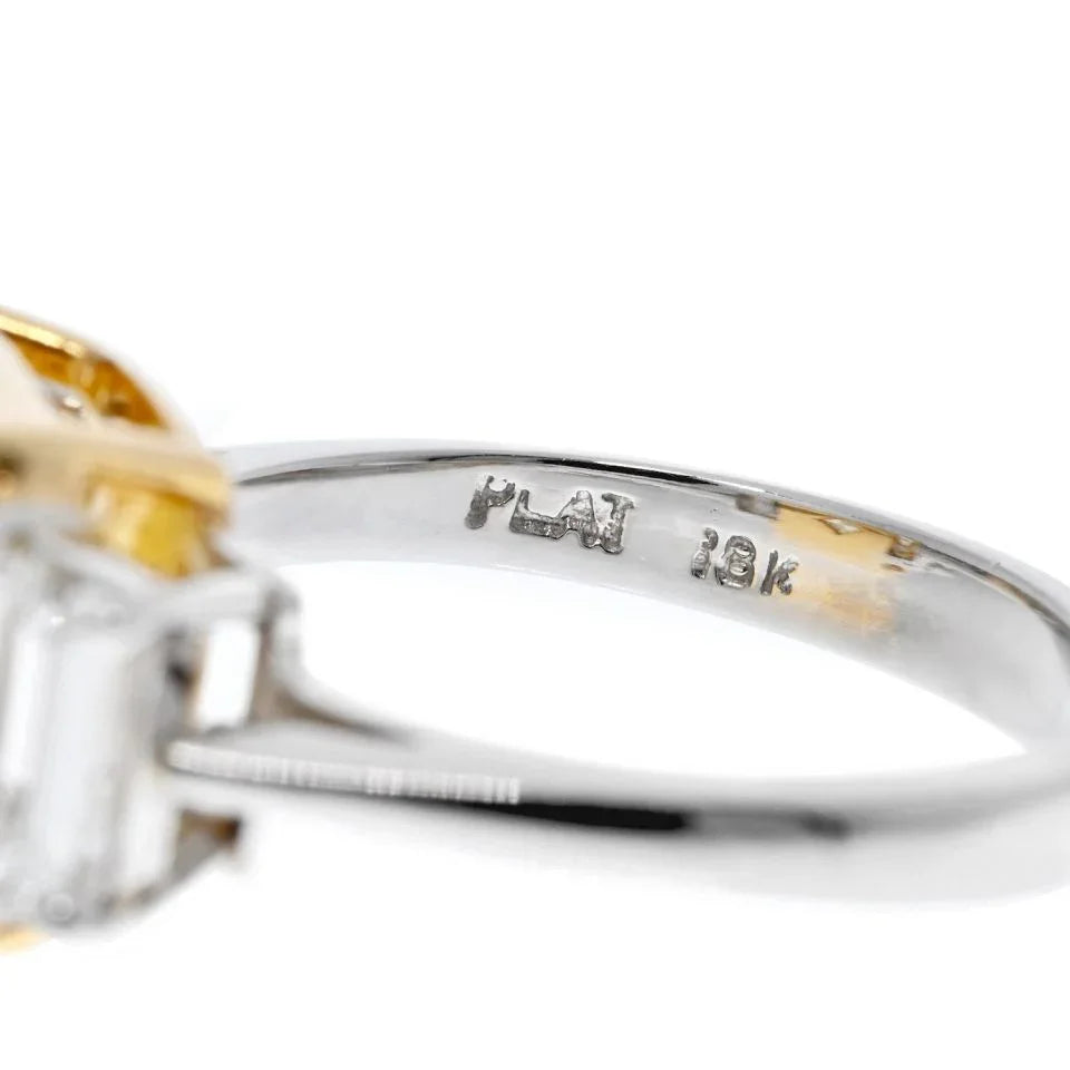 Platinum & 18K Yellow Gold 7.13 Carat Radiant Cut Three Stone Diamond Ring - The Back Vault