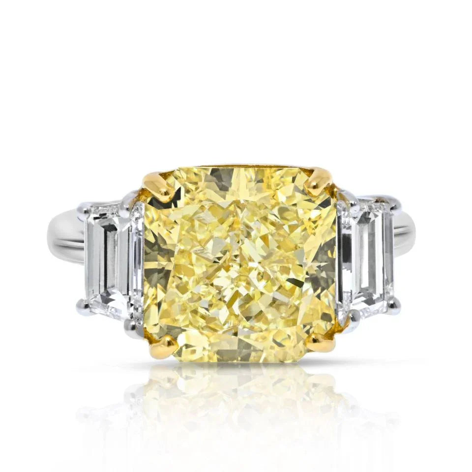 Platinum & 18K Yellow Gold 7.13 Carat Radiant Cut Three Stone Diamond Ring - The Back Vault