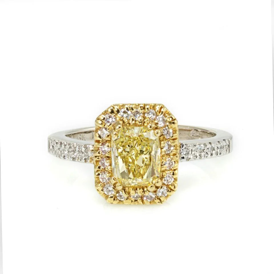1.27 carat Radiant Cut Diamond Fancy Yellow GIA Halo Ring - The Back Vault