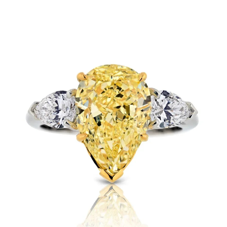 5 carat Pear Shape Diamond Fancy Yellow GIA Three Stone Engagement Ring - The Back Vault