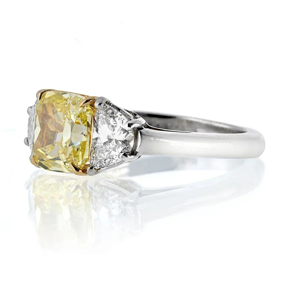 2 carat Cushion Cut Diamond Fancy Intense Yellow GIA Three Stone Engagement Ring - The Back Vault