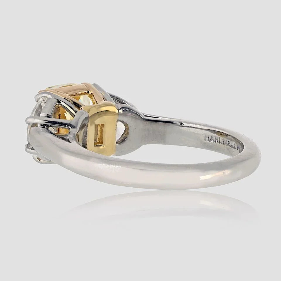 2 carat Cushion Cut Diamond Fancy Intense Yellow GIA Three Stone Engagement Ring - The Back Vault