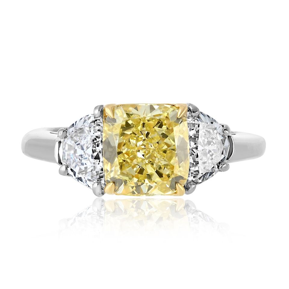 carat Cushion Cut Diamond Fancy Intense Yellow GIA Three Stone