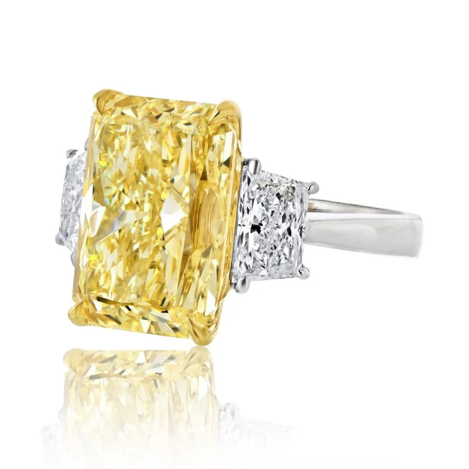 10.07ct Fancy Yellow Radiant Cut VVS2 Three Stone Diamond Engagemet Ring - The Back Vault