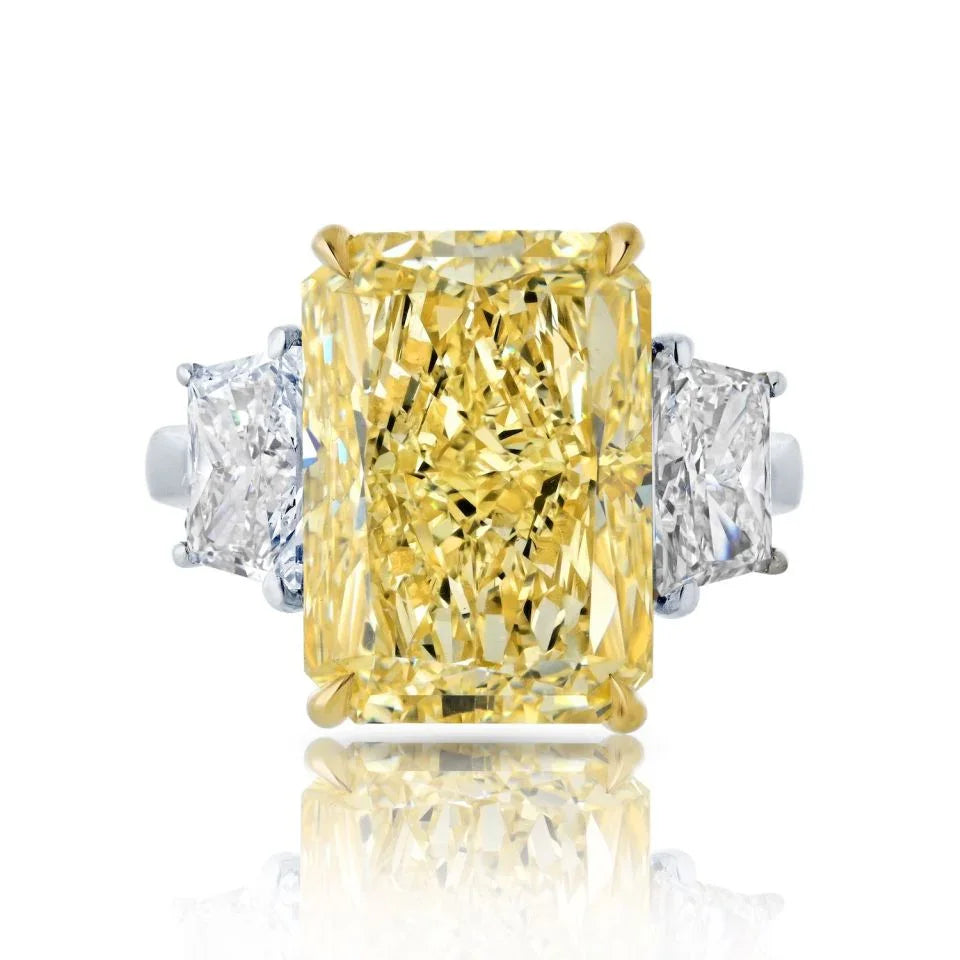 10.07ct Fancy Yellow Radiant Cut VVS2 Three Stone Diamond Engagemet Ring - The Back Vault