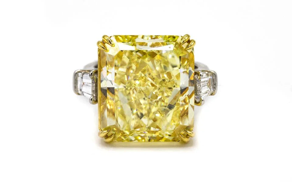20 carat Radiant Cut Diamond Fancy Intense Yellow GIA Bullets on the side Ring - The Back Vault