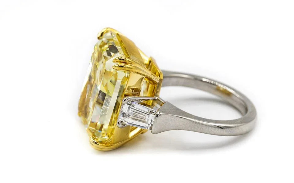20 carat Radiant Cut Diamond Fancy Intense Yellow GIA Bullets on the side Ring - The Back Vault