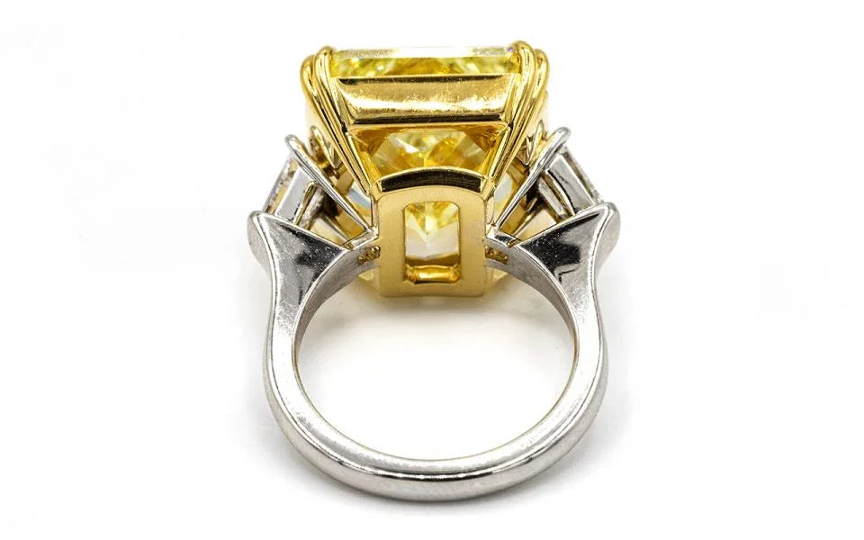 20 carat Radiant Cut Diamond Fancy Intense Yellow GIA Bullets on the side Ring - The Back Vault