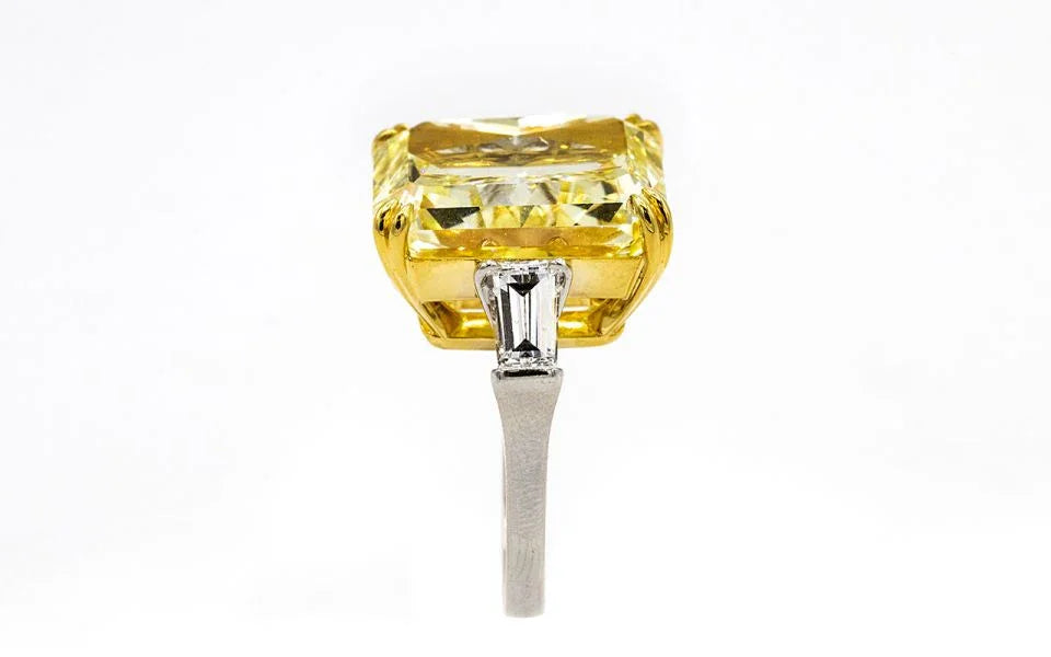 20 carat Radiant Cut Diamond Fancy Intense Yellow GIA Bullets on the side Ring - The Back Vault