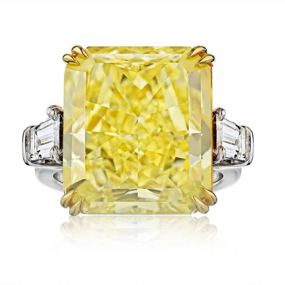 20 carat Radiant Cut Diamond Fancy Intense Yellow GIA Bullets on the side Ring - The Back Vault