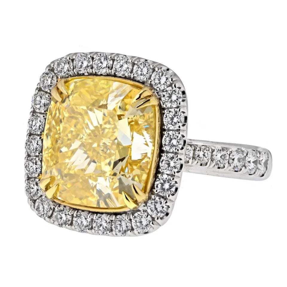 10 carat Cushion Cut Diamond Fancy Intense Yellow GIA Halo Ring - The Back Vault