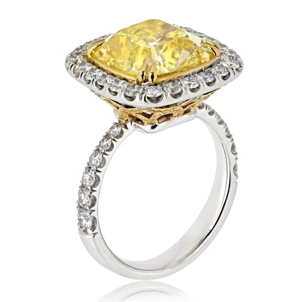 10 carat Cushion Cut Diamond Fancy Intense Yellow GIA Halo Ring - The Back Vault