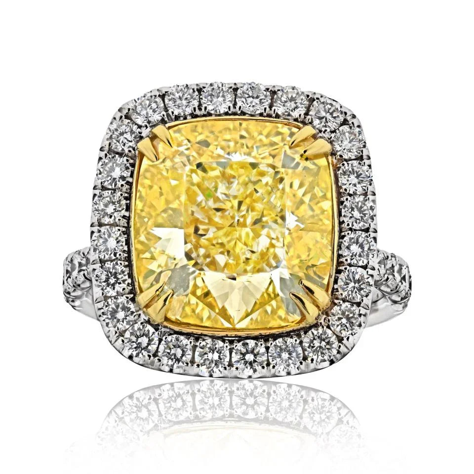 10 carat Cushion Cut Diamond Fancy Intense Yellow GIA Halo Ring - The Back Vault