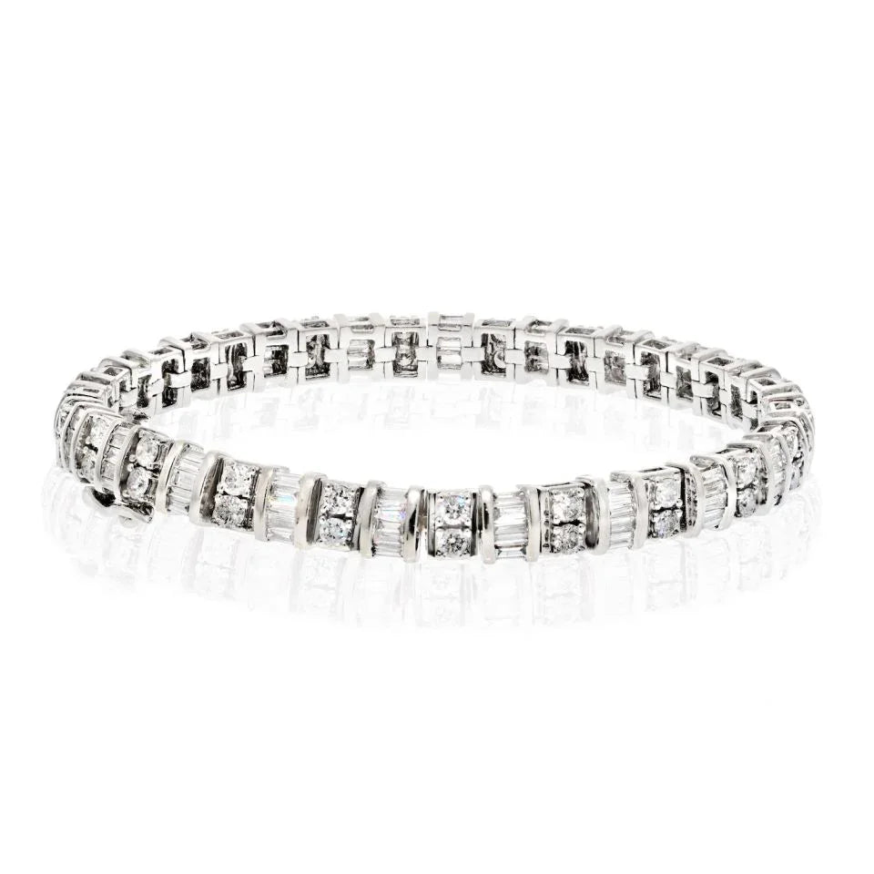 14K White Gold 8.00cttw Round And Bagette Diamond One Line Bracelet - The Back Vault