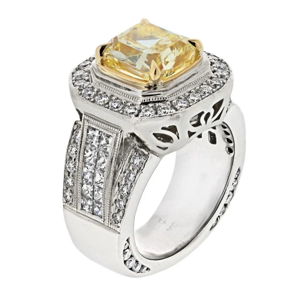 3 carat Cushion Cut Diamond Fancy Intense Yellow GIA 3.20ct Fancy Yellow Intense Cushion Cut Ring - The Back Vault