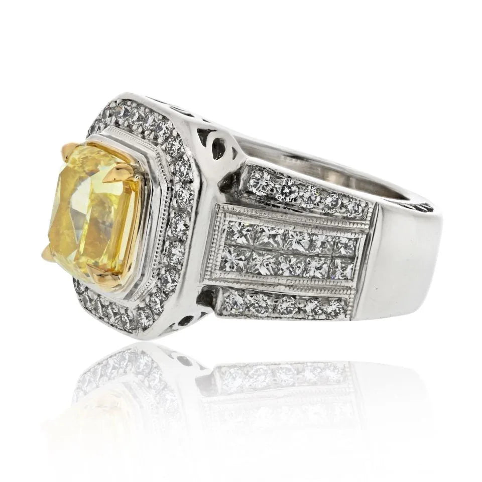 3 carat Cushion Cut Diamond Fancy Intense Yellow GIA 3.20ct Fancy Yellow Intense Cushion Cut Ring - The Back Vault