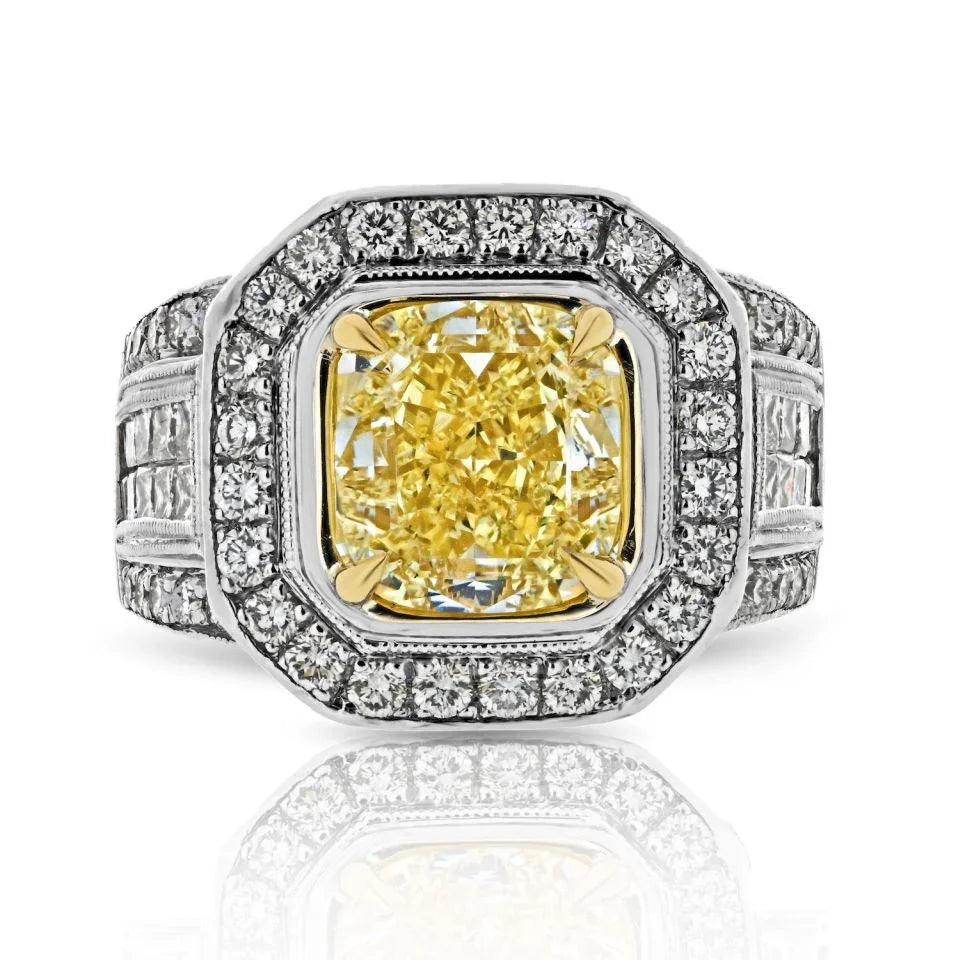 3 carat Cushion Cut Diamond Fancy Intense Yellow GIA 3.20ct Fancy Yellow Intense Cushion Cut Ring - The Back Vault