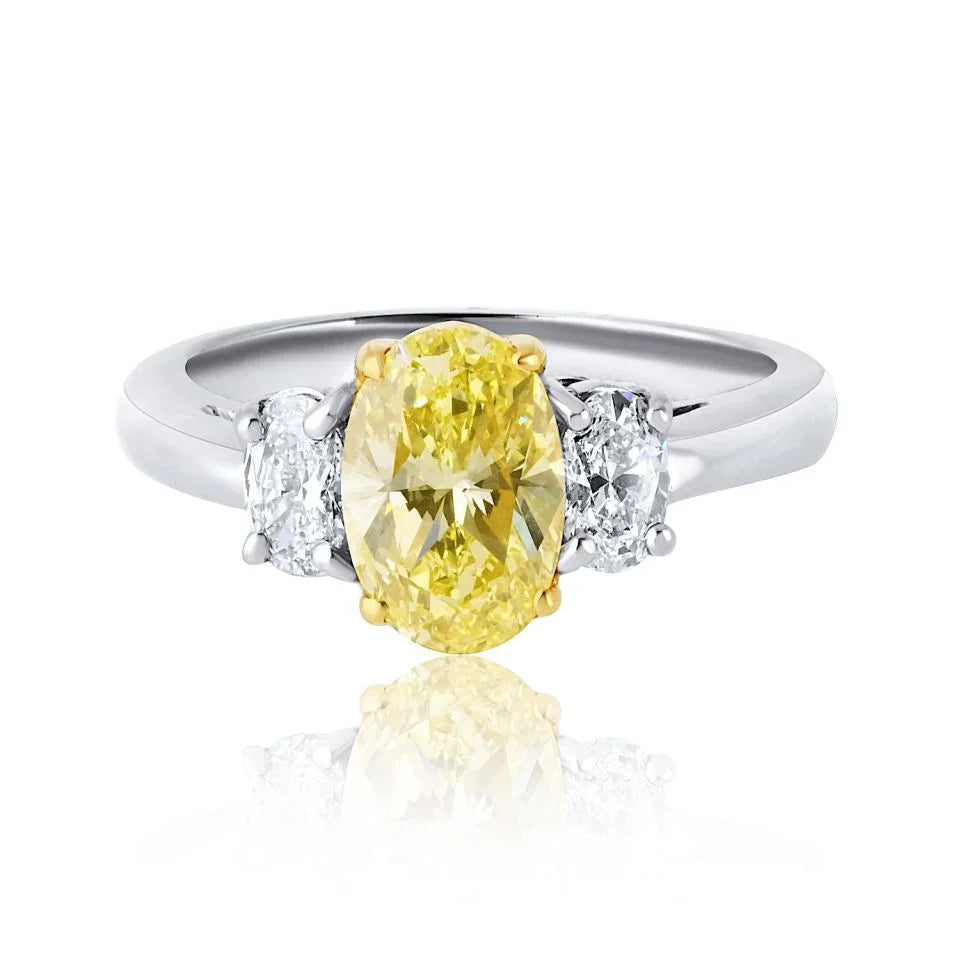 1.54 carat Oval Diamond Fancy Intense Yellow Three Stone Diamond Engagement Ring - The Back Vault