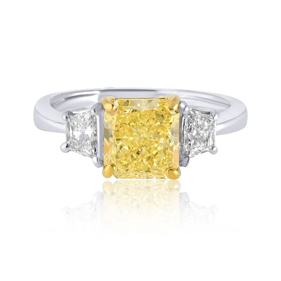 2.07 carat Radiant Cut Diamond Fancy Yellow Three Stone Engagement Ring - The Back Vault