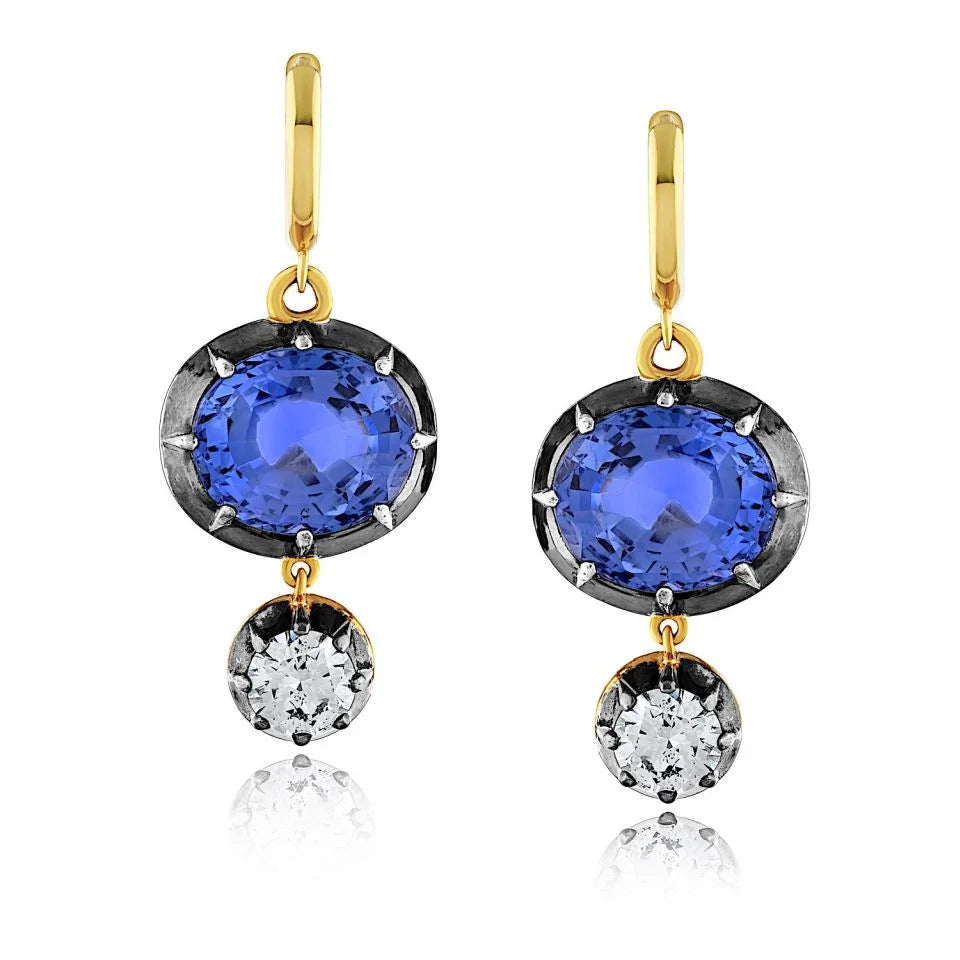 18K Yellow Gold & Silver Sapphire And Diamond Vintage Inspired Earrings - The Back Vault