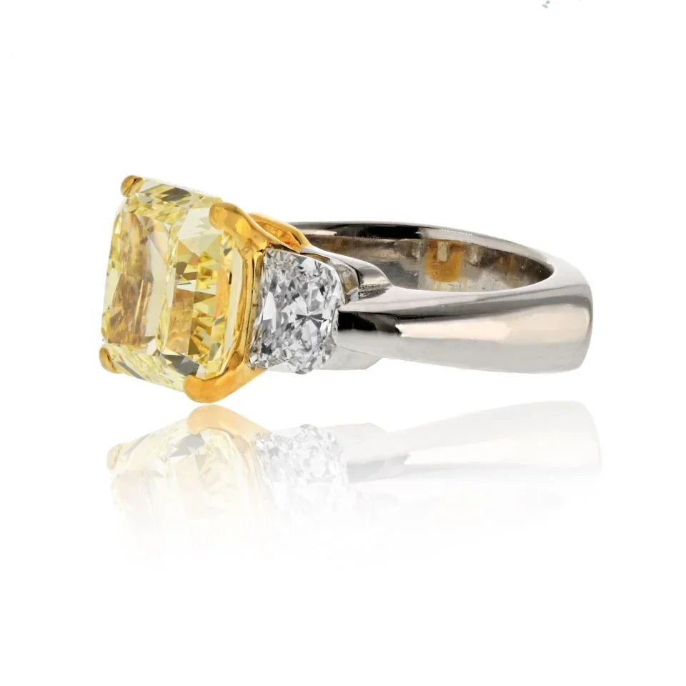 7 carat Radiant Cut Fancy Intense Yellow GIA Three Stone Diamond Engagement Ring - The Back Vault