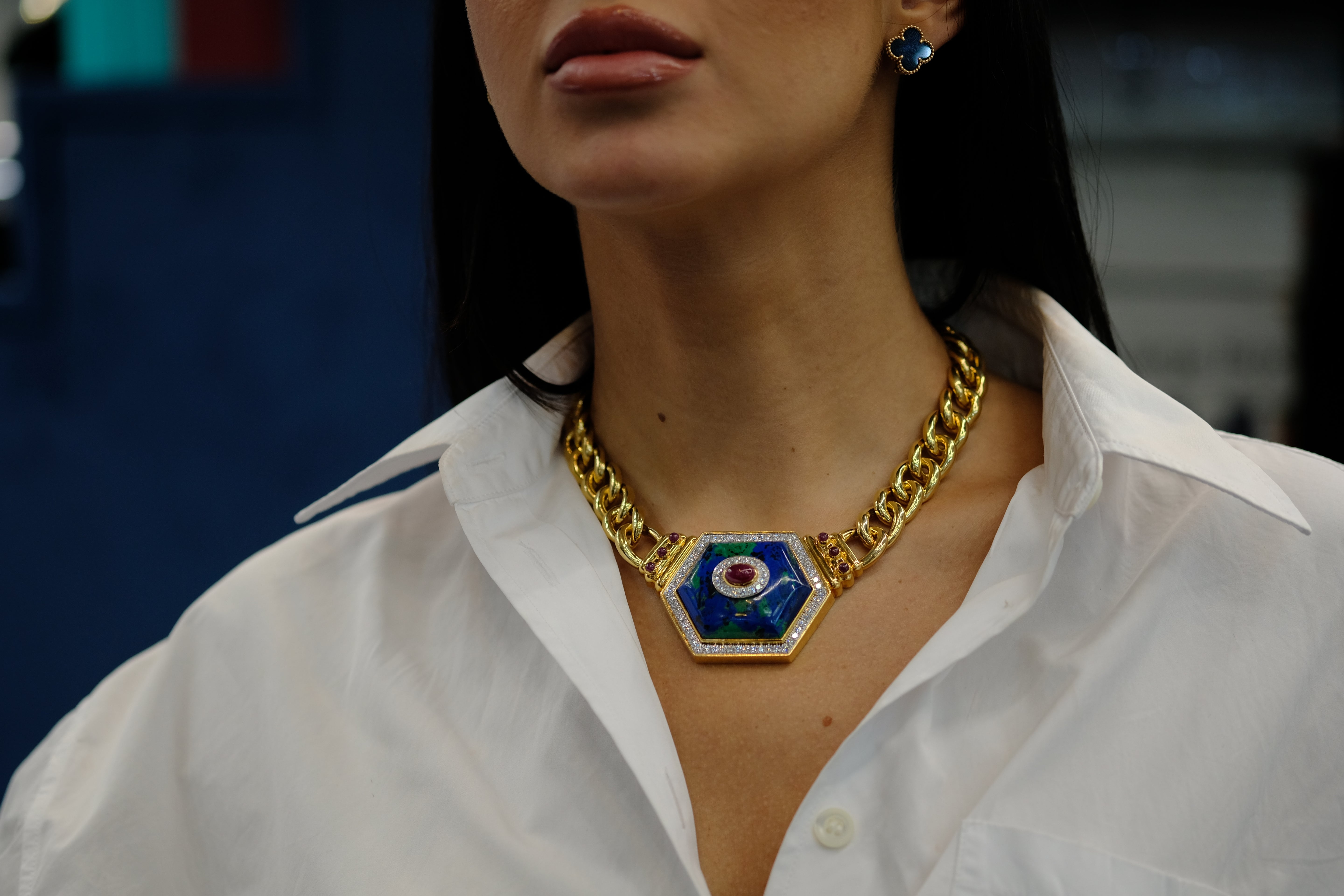 David Webb 18K Yellow Gold Hexagonal-Shaped Azurmalachite Necklace