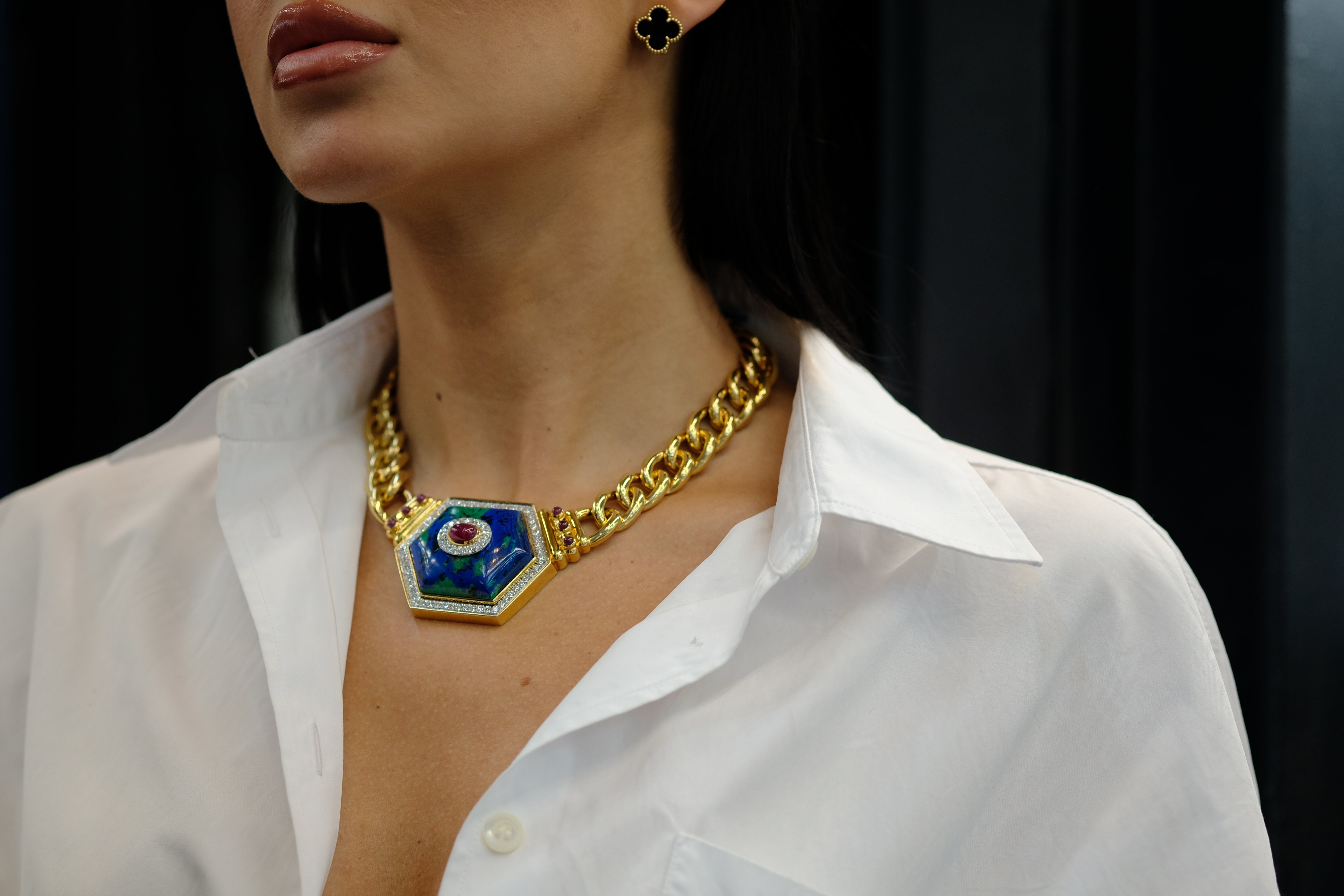 David Webb 18K Yellow Gold Hexagonal-Shaped Azurmalachite Necklace