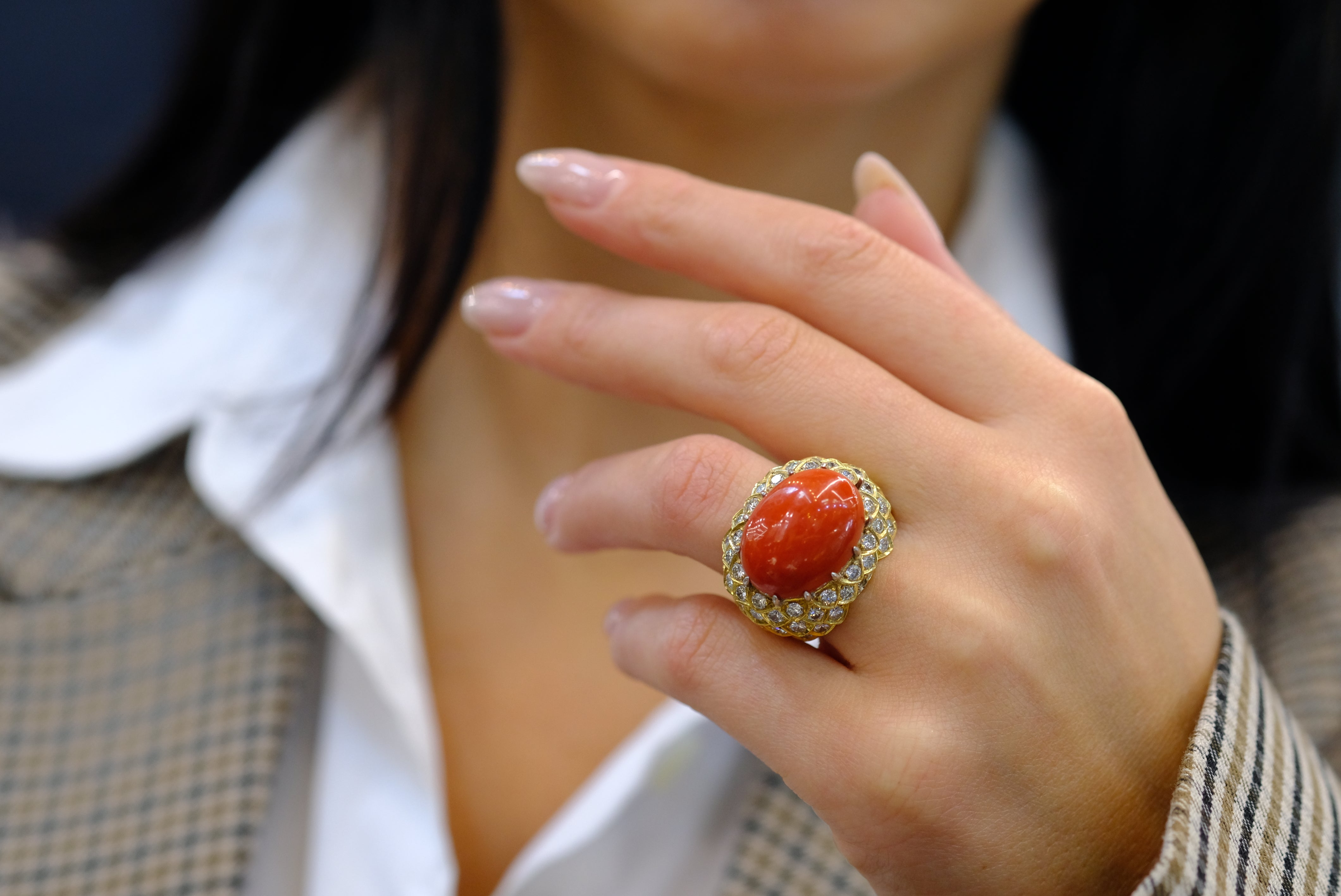 David Webb Platinum & 18K Yellow Gold Oval Coral And Diamond 1970's Ring