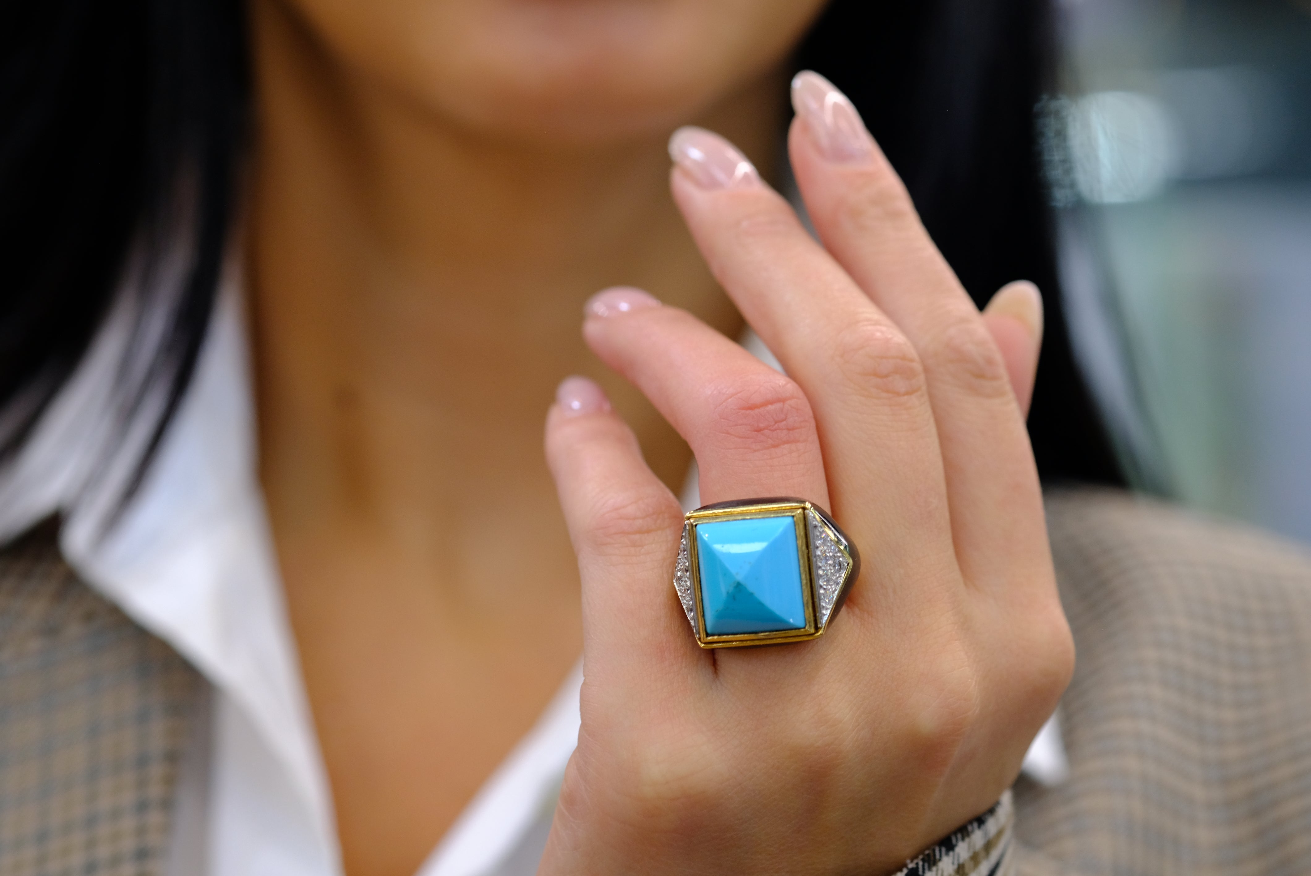 David Webb Platinum & 18K Yellow Gold Summit Turquoise And Diamond Ring