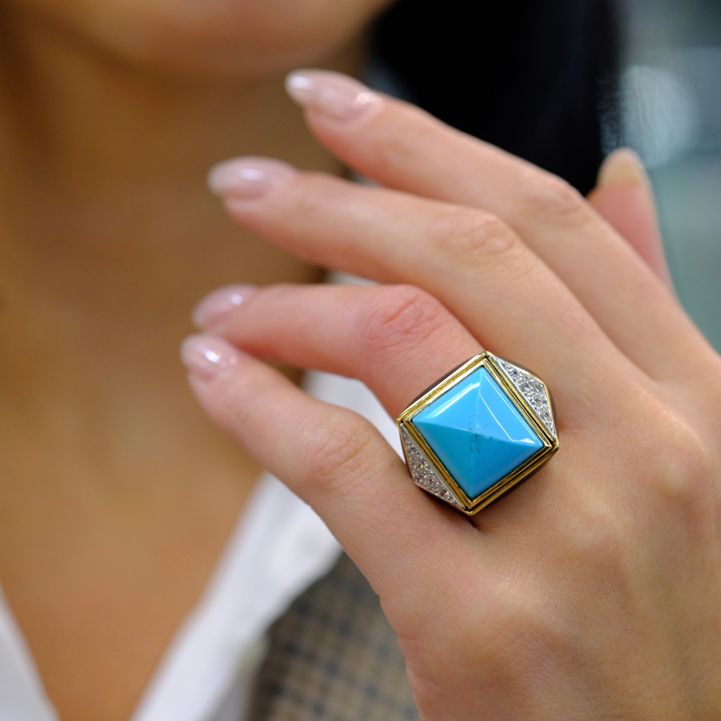 David Webb Platinum & 18K Yellow Gold Summit Turquoise And Diamond Ring