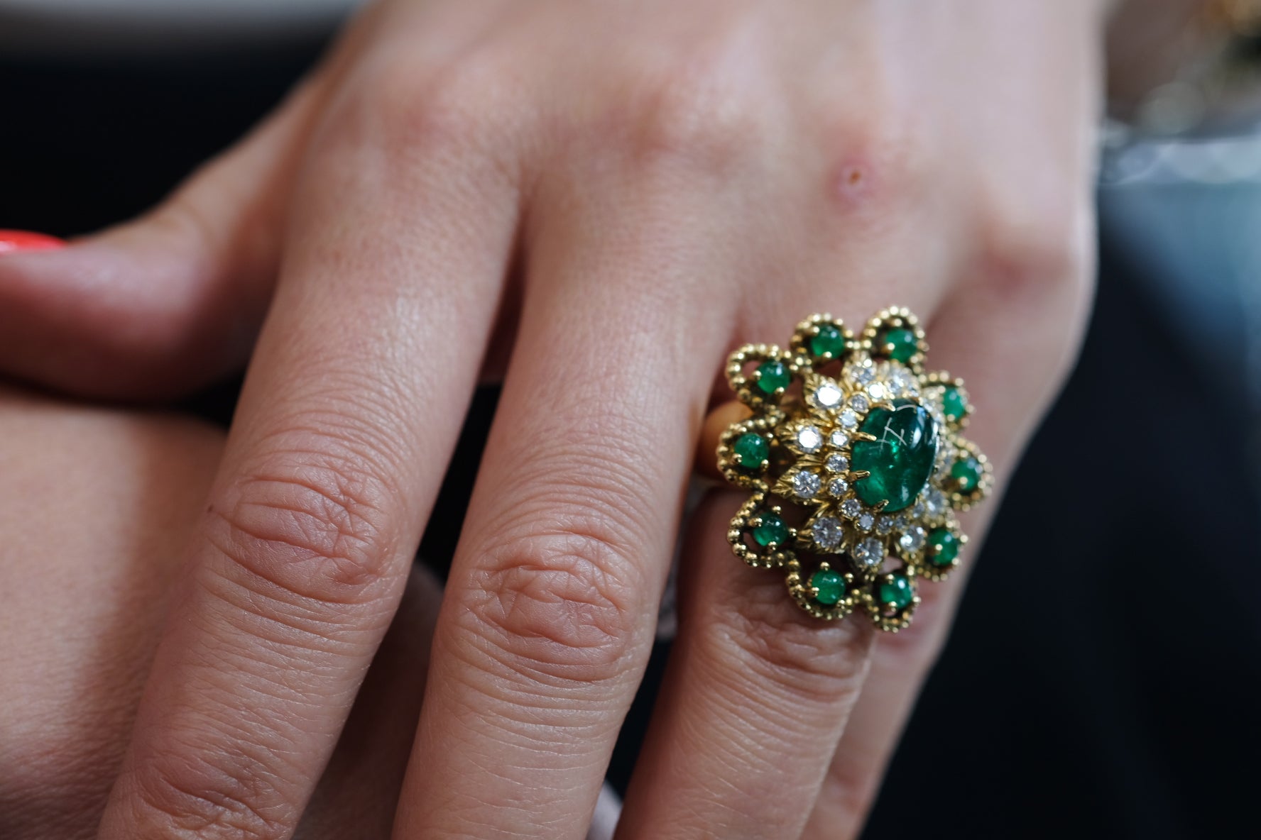 David Webb 18K Yellow Gold Green Emerald Diamond Flower Ring