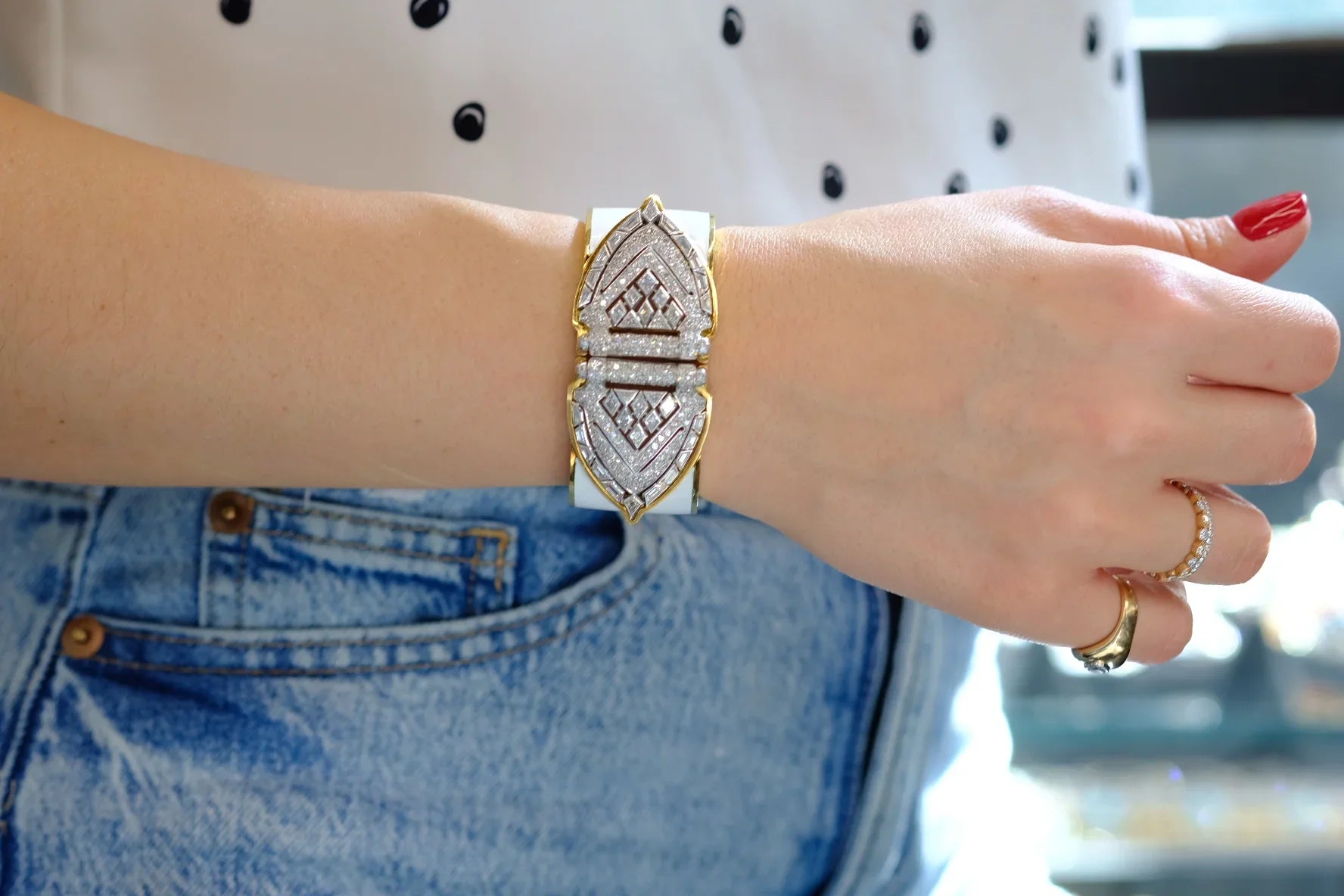 David Webb Platinum & 18K Yellow Gold White Enamel Shield Diamond Clips Cuff Bracelet - The Back Vault