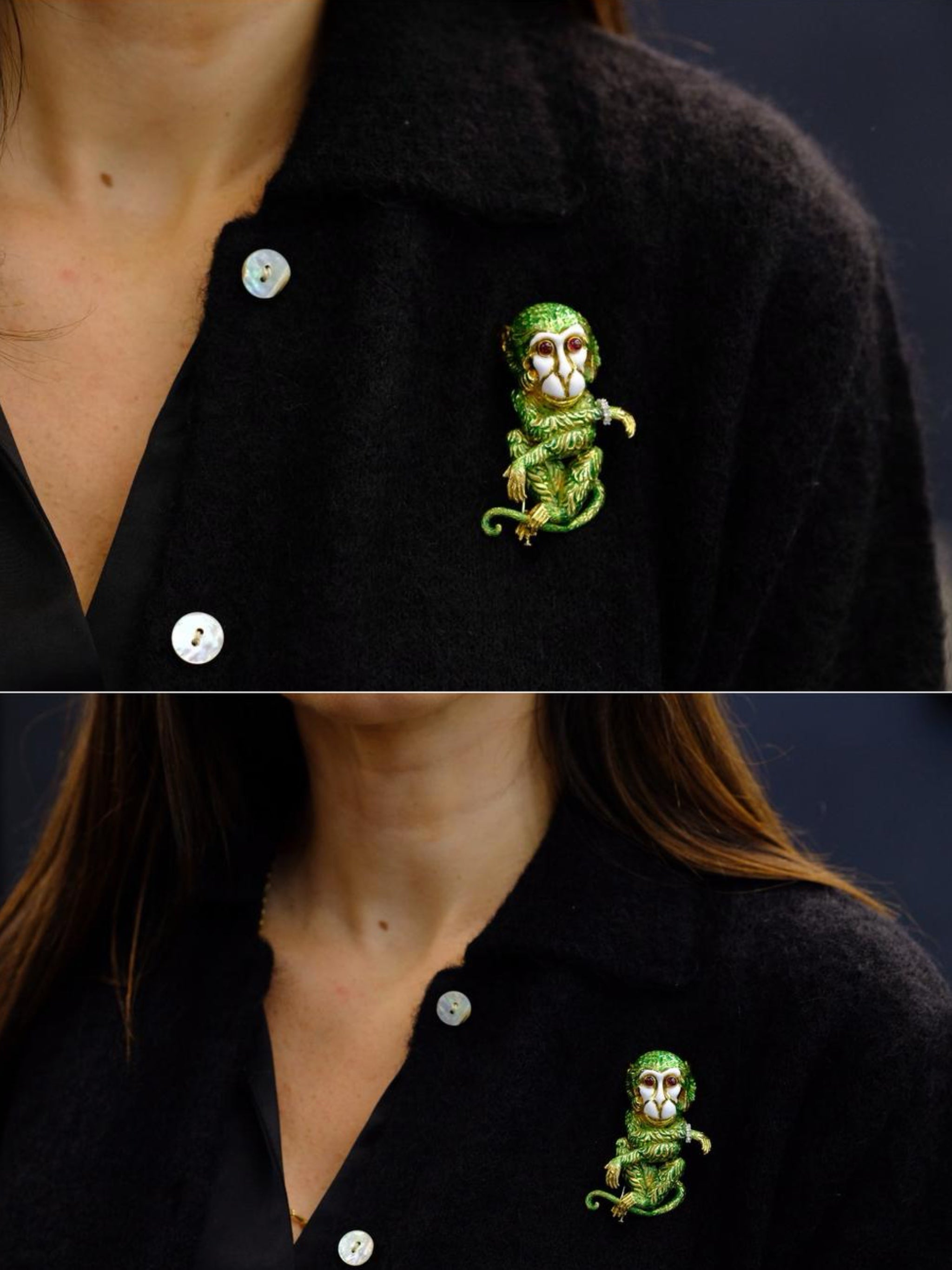 David Webb Monkey Platinum & 18K Yellow Gold Green & White Enamel Brooch